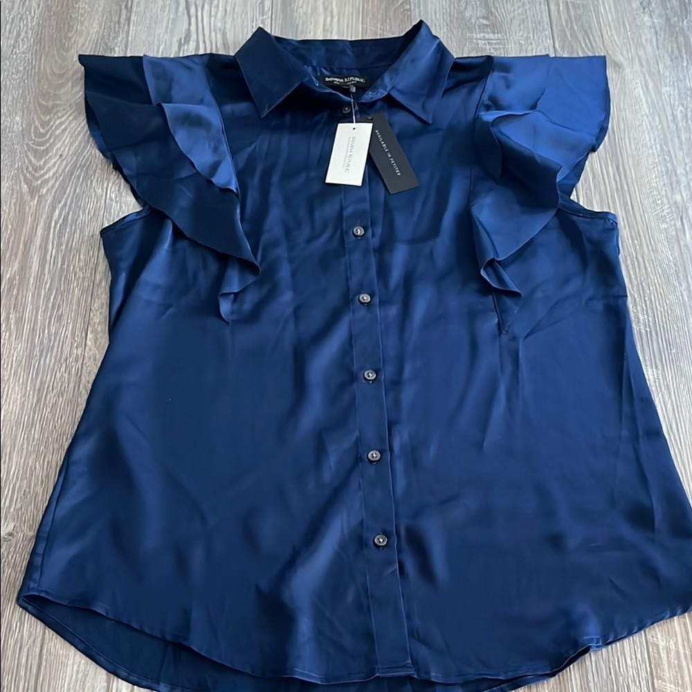 Banana Republic Navy Blue Women's Ruffle Sleeve Top